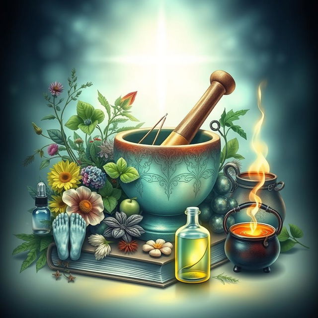 A detailed book cover art representing metamedicine and alternative medicine, featuring herbs and a mortar and pestle to symbolize herbalism, reflexology foot diagrams, acupuncture needles, colloidal solution bottles, and a depiction of light therapy with warm light