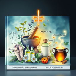 A detailed book cover art representing metamedicine and alternative medicine, featuring herbs and a mortar and pestle to symbolize herbalism, reflexology foot diagrams, acupuncture needles, colloidal solution bottles, and a depiction of light therapy with warm light