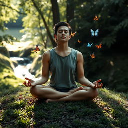 A serene and introspective portrait of an individual sitting cross-legged on a grassy knoll, meditating with their eyes closed