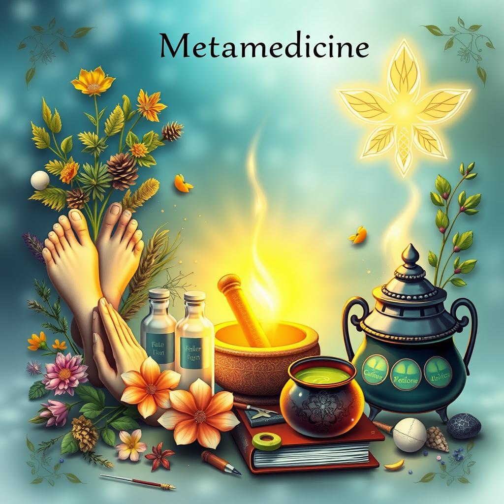 A detailed book cover art representing metamedicine and alternative medicine, featuring herbs and a mortar and pestle to symbolize herbalism, reflexology foot diagrams, acupuncture needles, colloidal solution bottles, and a depiction of light therapy with warm light