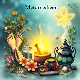 A detailed book cover art representing metamedicine and alternative medicine, featuring herbs and a mortar and pestle to symbolize herbalism, reflexology foot diagrams, acupuncture needles, colloidal solution bottles, and a depiction of light therapy with warm light