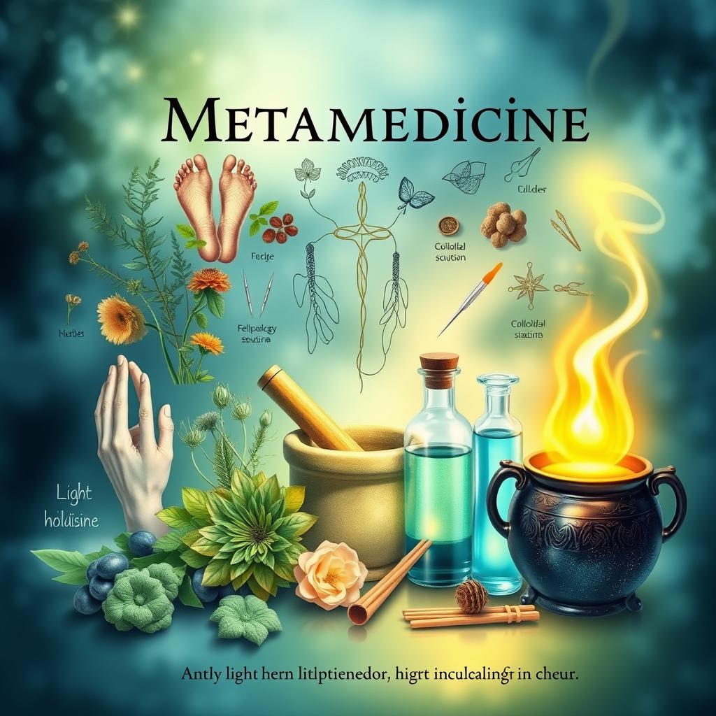 A detailed book cover art representing metamedicine and alternative medicine, featuring herbs and a mortar and pestle to symbolize herbalism, reflexology foot diagrams, acupuncture needles, colloidal solution bottles, and a depiction of light therapy with warm light