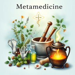 A detailed book cover art representing metamedicine and alternative medicine, featuring herbs and a mortar and pestle to symbolize herbalism, reflexology foot diagrams, acupuncture needles, colloidal solution bottles, and a depiction of light therapy with warm light