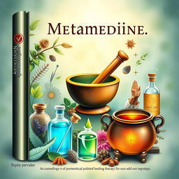 A detailed book cover art representing metamedicine and alternative medicine, featuring herbs and a mortar and pestle to symbolize herbalism, reflexology foot diagrams, acupuncture needles, colloidal solution bottles, and a depiction of light therapy with warm light