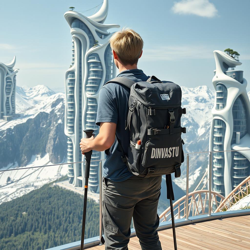 A young architect with light-colored hair stands full-length on an observation deck, facing away