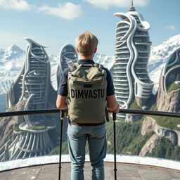 A young architect with light-colored hair stands full-length on an observation deck, facing away