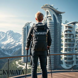 A young architect with light-colored hair stands full-length on an observation deck, facing away