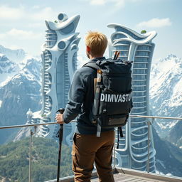 A young architect with light-colored hair stands full-length on an observation deck, facing away