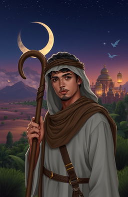 A young Arabian man with a shepherd's crook in a fantasy setting, wearing traditional Arabian attire