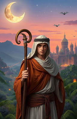 A young Arabian man with a shepherd's crook in a fantasy setting, wearing traditional Arabian attire