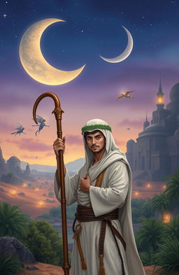 A young Arabian man with a shepherd's crook in a fantasy setting, wearing traditional Arabian attire