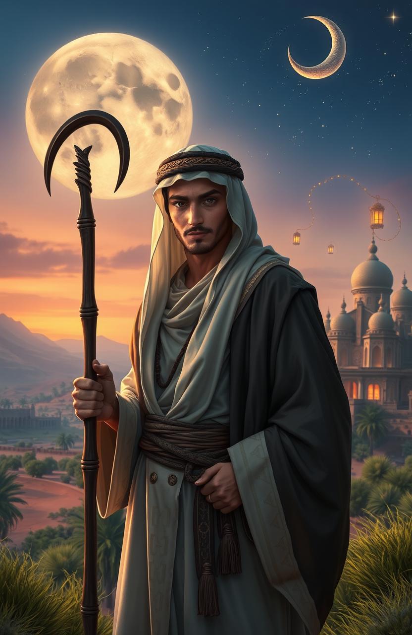 A young Arabian man with a shepherd's crook in a fantasy setting, wearing traditional Arabian attire