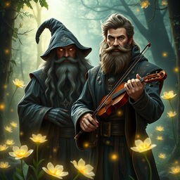 A mystical warlock poet, emanating an air of wisdom and creativity, stands alongside a handsome wild bearded traveller