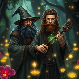 A mystical warlock poet, emanating an air of wisdom and creativity, stands alongside a handsome wild bearded traveller