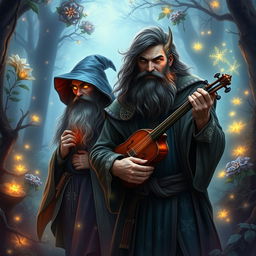 A mystical warlock poet, emanating an air of wisdom and creativity, stands alongside a handsome wild bearded traveller