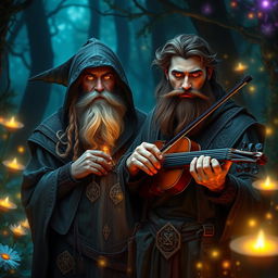 A mystical warlock poet, emanating an air of wisdom and creativity, stands alongside a handsome wild bearded traveller