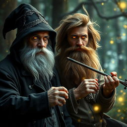 A mystical warlock poet, exuding an air of arcane creativity, stands next to a wild bearded traveller