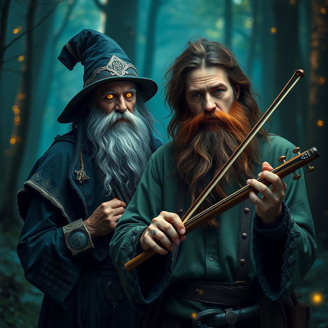 A mystical warlock poet, exuding an air of arcane creativity, stands next to a wild bearded traveller