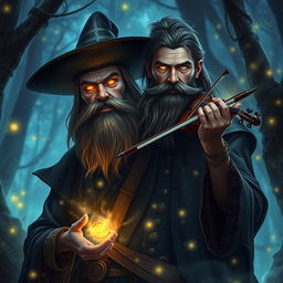 A 30-year-old warlock, embodying the prime of his magical prowess, stands confidently beside a wild bearded traveller