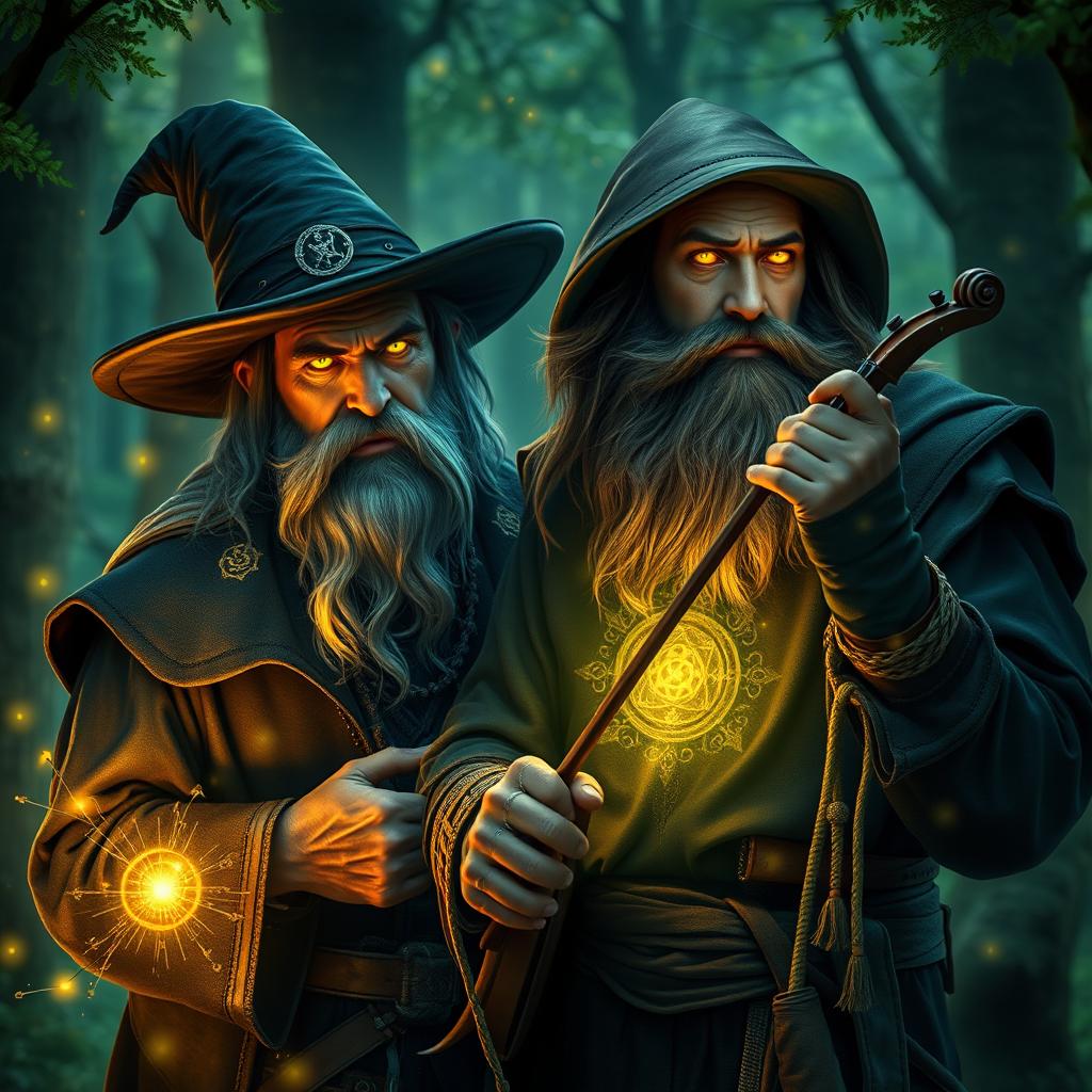 A 30-year-old warlock, embodying the prime of his magical prowess, stands confidently beside a wild bearded traveller