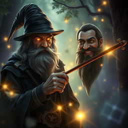 A 30-year-old warlock, immersed in his mystical arts, stands adjacent to a deviously smiling bearded traveller