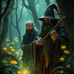 In the heart of a Feywild forest, a 30-year-old warlock delves into his arcane practices, surrounded by an ethereal landscape