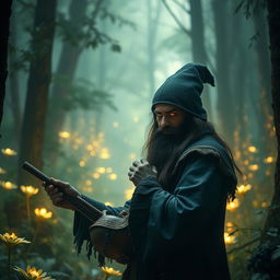 In the heart of a Feywild forest, a 30-year-old warlock delves into his arcane practices, surrounded by an ethereal landscape