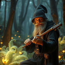 In the heart of a Feywild forest, a 30-year-old warlock delves into his arcane practices, surrounded by an ethereal landscape