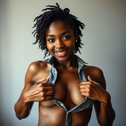 A sexy 19-year-old Black woman, elegantly pulling off her shirt, showcasing her youthful confidence and beauty