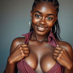 A sexy 19-year-old Black woman, elegantly pulling off her shirt, showcasing her youthful confidence and beauty