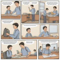 Generate a four-page comic strip featuring a school boy. Page 1: boy packing his bag for school. Page 2: boy in class interacting with teacher and classmates. Page 3: boy having lunch and socializing with friends. Page 4: Boy returning home and doing homework.