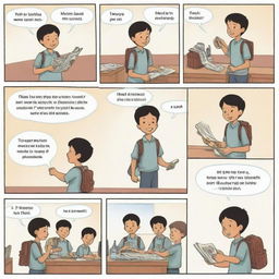 Generate a four-page comic strip featuring a school boy. Page 1: boy packing his bag for school. Page 2: boy in class interacting with teacher and classmates. Page 3: boy having lunch and socializing with friends. Page 4: Boy returning home and doing homework.