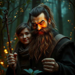 In the mystical Feywild forest, a deviously smiling bearded stranger captivates with his presence