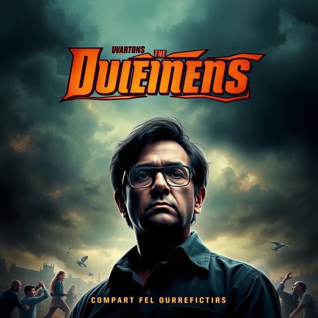 A dramatic movie poster featuring a large figure with glasses standing confidently in the background