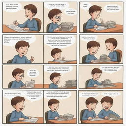 Generate a four-page comic strip featuring a school boy. Page 1: boy packing his bag for school. Page 2: boy in class interacting with teacher and classmates. Page 3: boy having lunch and socializing with friends. Page 4: Boy returning home and doing homework.