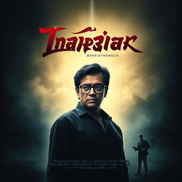 A dramatic movie poster featuring a large figure with glasses standing confidently in the background