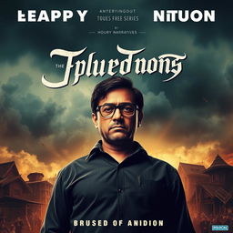 A dramatic movie poster featuring a large figure with glasses standing confidently in the background