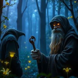 In the mystic Feywild forest, a savage smiling bearded stranger confronts a hermit, his eyes aglow with an otherworldly yellow light that hints at ancient secrets