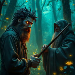 In the mystic Feywild forest, a savage smiling bearded stranger confronts a hermit, his eyes aglow with an otherworldly yellow light that hints at ancient secrets