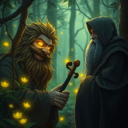 In the mystic Feywild forest, a savage smiling bearded stranger confronts a hermit, his eyes aglow with an otherworldly yellow light that hints at ancient secrets