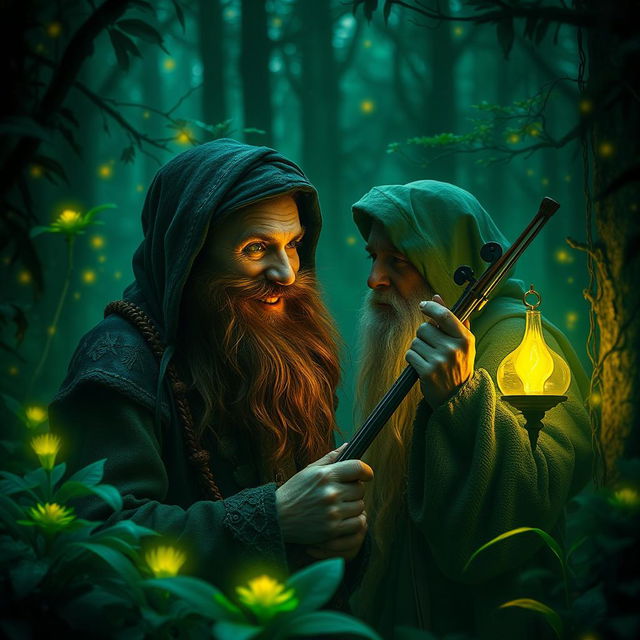 In the mystic Feywild forest, a savage smiling bearded stranger confronts a hermit, his eyes aglow with an otherworldly yellow light that hints at ancient secrets