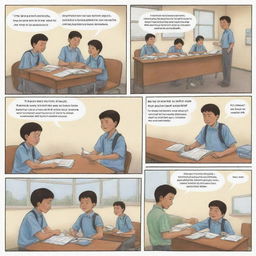 Generate a four-page comic strip featuring a school boy. Page 1: boy packing his bag for school. Page 2: boy in class interacting with teacher and classmates. Page 3: boy having lunch and socializing with friends. Page 4: Boy returning home and doing homework.