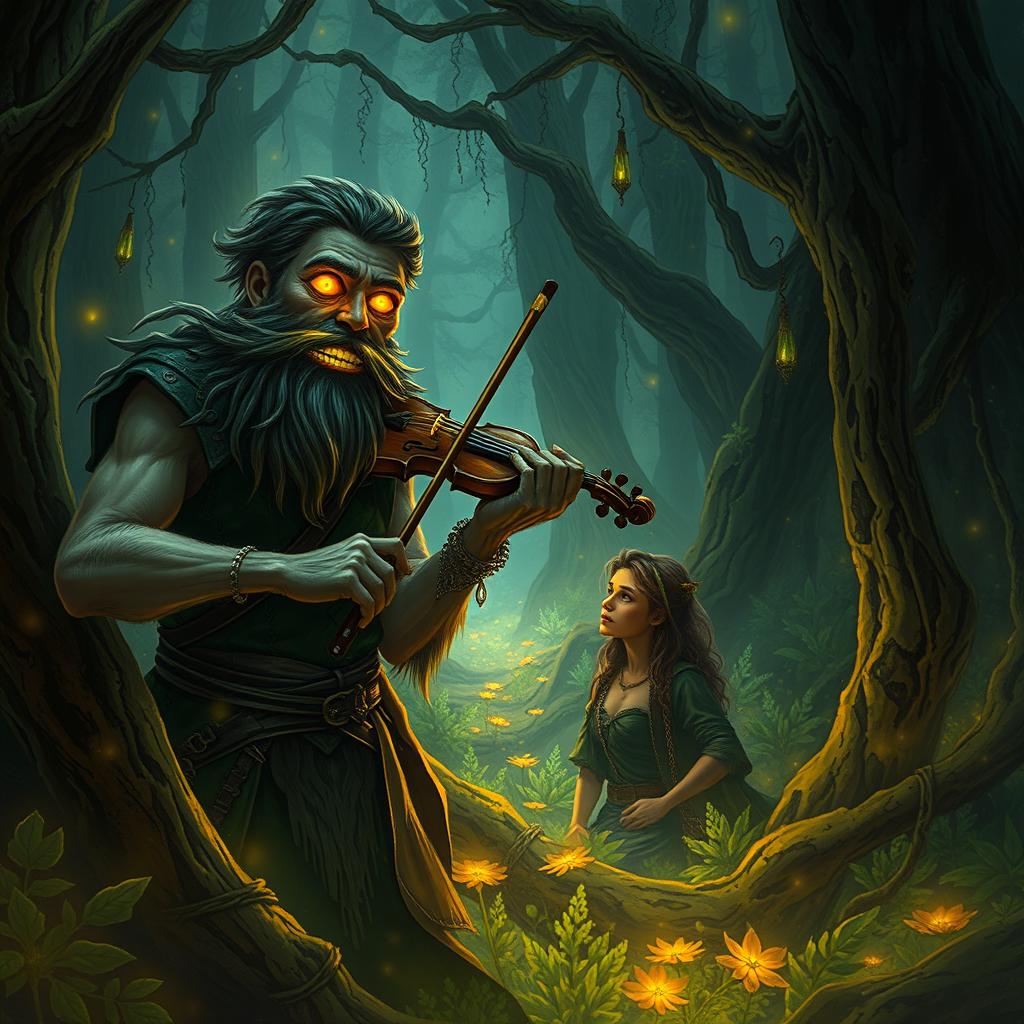 In the enchanting realms of the Feywild forest, a savage smiling bearded stranger, with eyes glowing in an otherworldly yellow hue, plays an entrancing melody on a fiddlestick