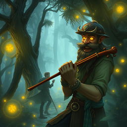 In the enchanting realms of the Feywild forest, a savage smiling bearded stranger, with eyes glowing in an otherworldly yellow hue, plays an entrancing melody on a fiddlestick