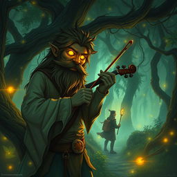 In the enchanting realms of the Feywild forest, a savage smiling bearded stranger, with eyes glowing in an otherworldly yellow hue, plays an entrancing melody on a fiddlestick