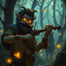 In the enchanting realms of the Feywild forest, a savage smiling bearded stranger, with eyes glowing in an otherworldly yellow hue, plays an entrancing melody on a fiddlestick