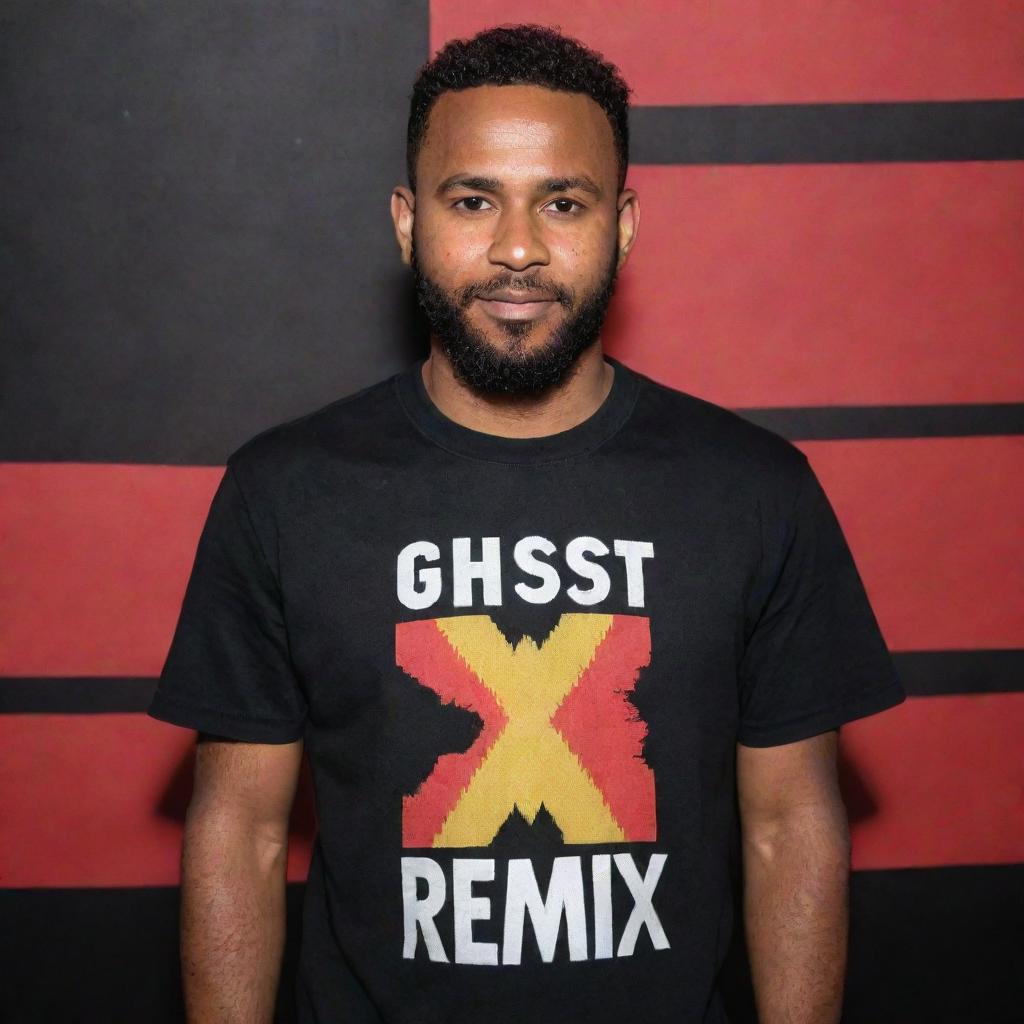 A charismatic DJ wearing a shirt embossed with the words 'Ghost Remix' and the backdrop featuring a vibrant Papua New Guinea flag.