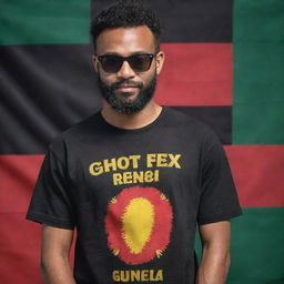 A charismatic DJ wearing a shirt embossed with the words 'Ghost Remix' and the backdrop featuring a vibrant Papua New Guinea flag.