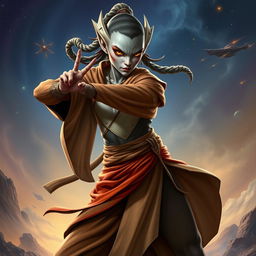 A powerful female Githyanki monk standing confidently in a dynamic martial arts pose