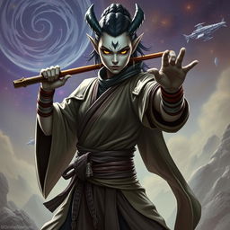 A powerful female Githyanki monk standing confidently in a dynamic martial arts pose